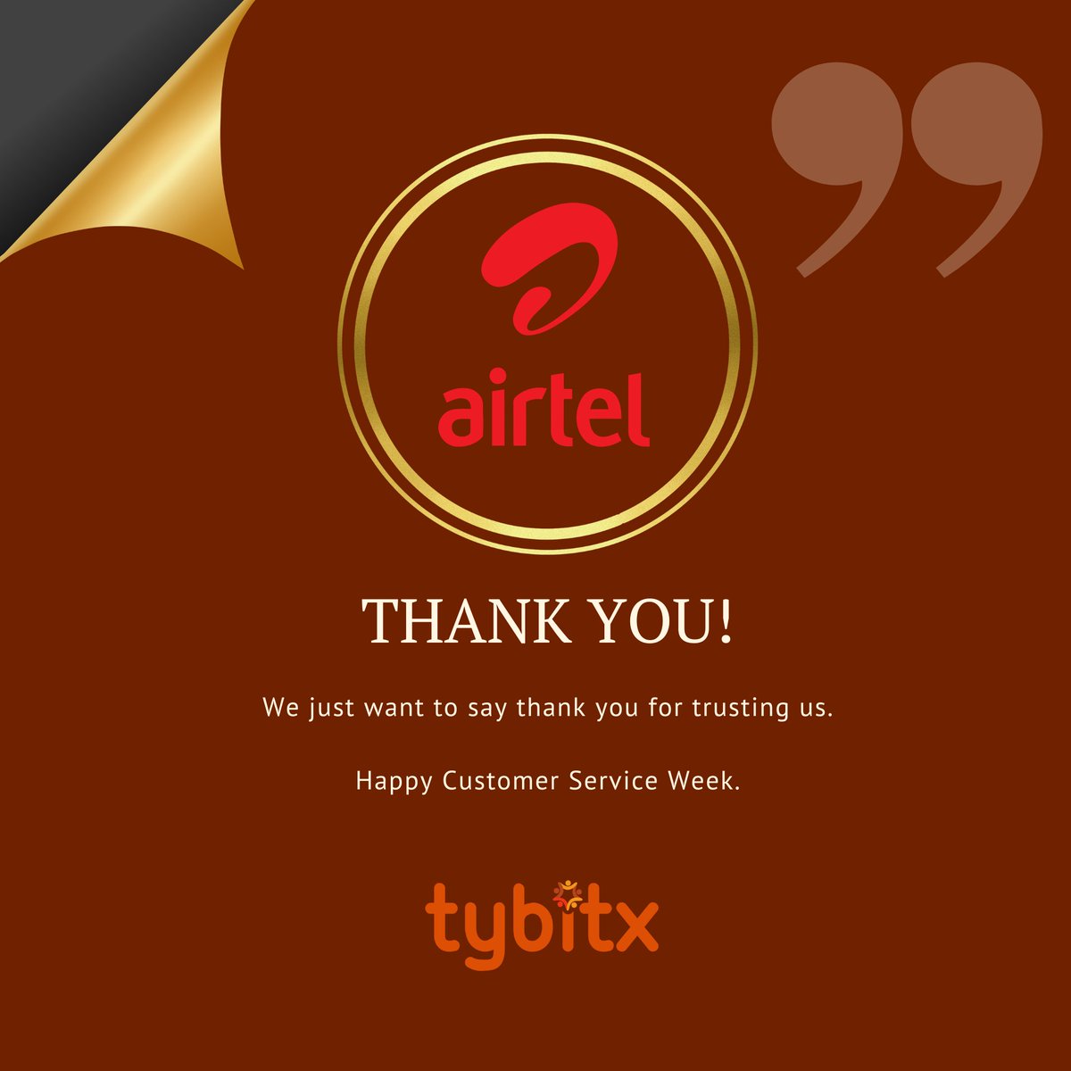 Tybitx_Services's tweet photo. We are saying thank you to all our esteemed clients. Happy customer service week.
@AirtelNigeria @pwanaduku @stearibatise
#CustomerServiceWeek #tybitx #outsourcing #talentmanagement #recruitment #hr #Jobs https://t.co/aStcIs5Ntk