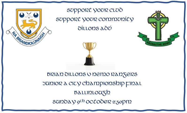 Massive weekend ahead for the club with our Junior A hurlers in action v Nemo Rangers in the Junior A City Championship Final.

Ballinlough 
Sunday October 9th 2:30pm

Come out and support the club 🔵⚪️
