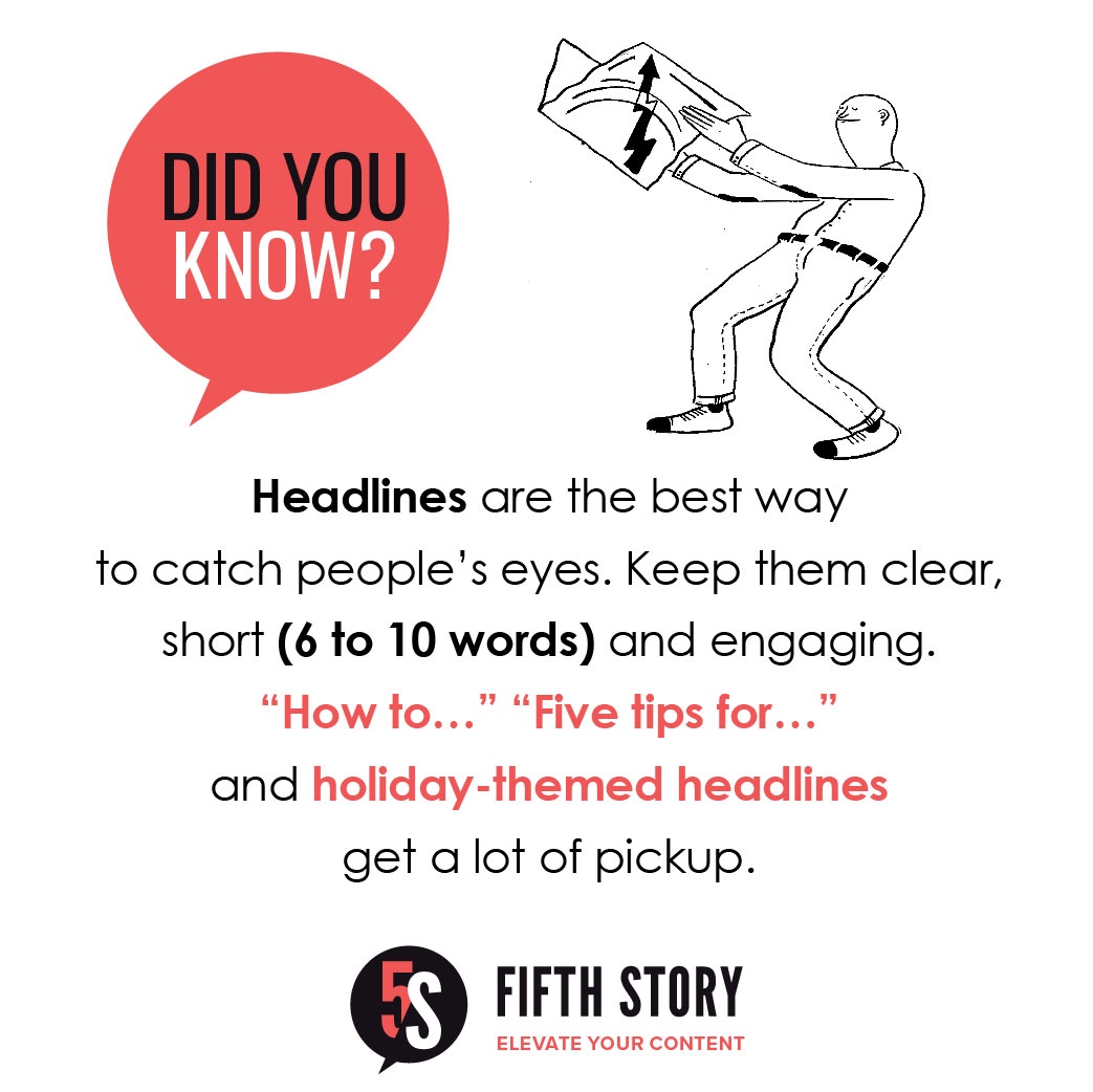 5FifthStory's tweet photo. Did you know...Headlines are the best way to catch people’s eyes. Keep them clear, short (6 to 10 words) and engaging. “How to…” “Five tips for…” and holiday-themed headlines get a lot of pickup.    ​
Discover more writing tips: https://t.co/Q3KXxvMOvU https://t.co/14S3INCduJ