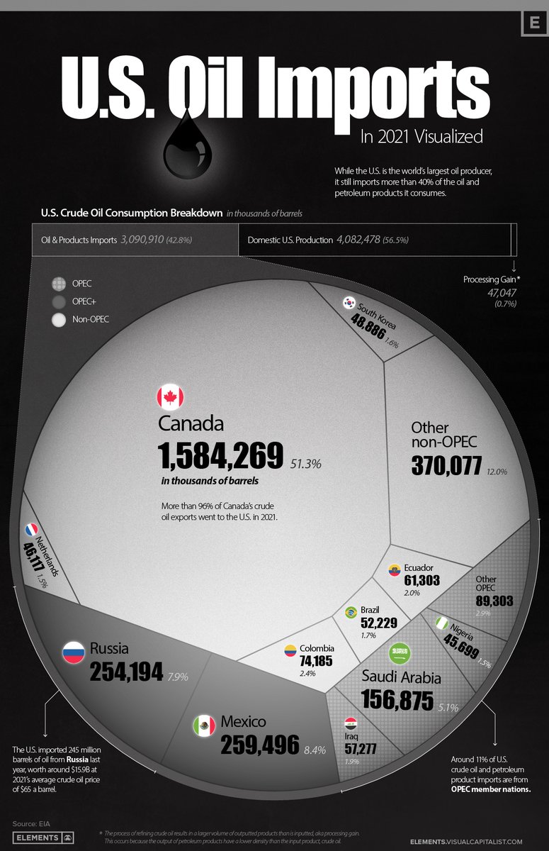 VisualCap's tweet photo. Visualizing U.S. Crude Oil and Petroleum Product Imports in 2021 👀

Via @VCElements 

Tap the link below to learn more:
https://t.co/nXeAKRySge

#vcelements #crudeoil #petroleum https://t.co/U5uP4cFHVO