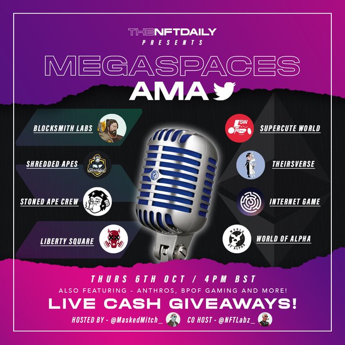 Join us in a few minutes as <a href="/worldofalpha/">World of Alpha</a> @NFTeafor2 and <a href="/RobynHoodtje/">Robyn</a> join @_TheNFTDaily and friends in this mega spaces! 

x.com/i/spaces/1jMJg…
