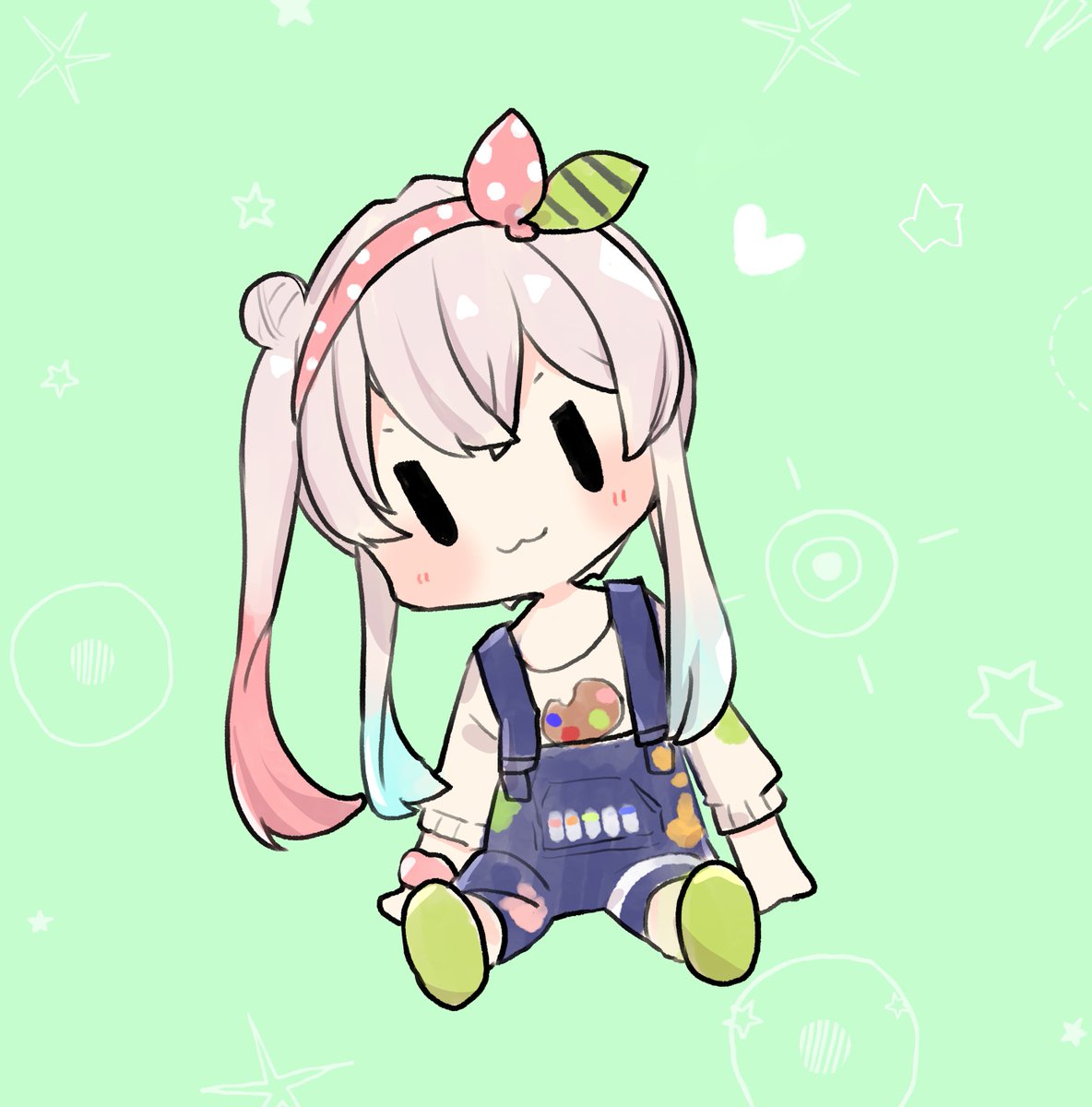 1girl overalls solo chibi pink hair hair bun :3  illustration images