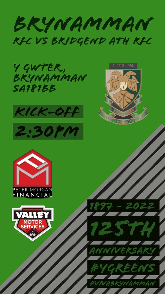 This weekend we are looking to bounce back after our previous loss...
🆚 <a href="/bridgendathrfc/">Bridgend Athletic</a>
🏆 Div 1 West Central
 📅 08.10.2022
📍Y Gwter Fawr, Brynamman
⏰ 14.30 KO. 
Come along and support the Greens! 💚💚 #VivaBrynamman

<a href="/PeterMorganEA/">PeterMorganEA</a> 
<a href="/jonathankmorgan/">jonathan morgan</a>