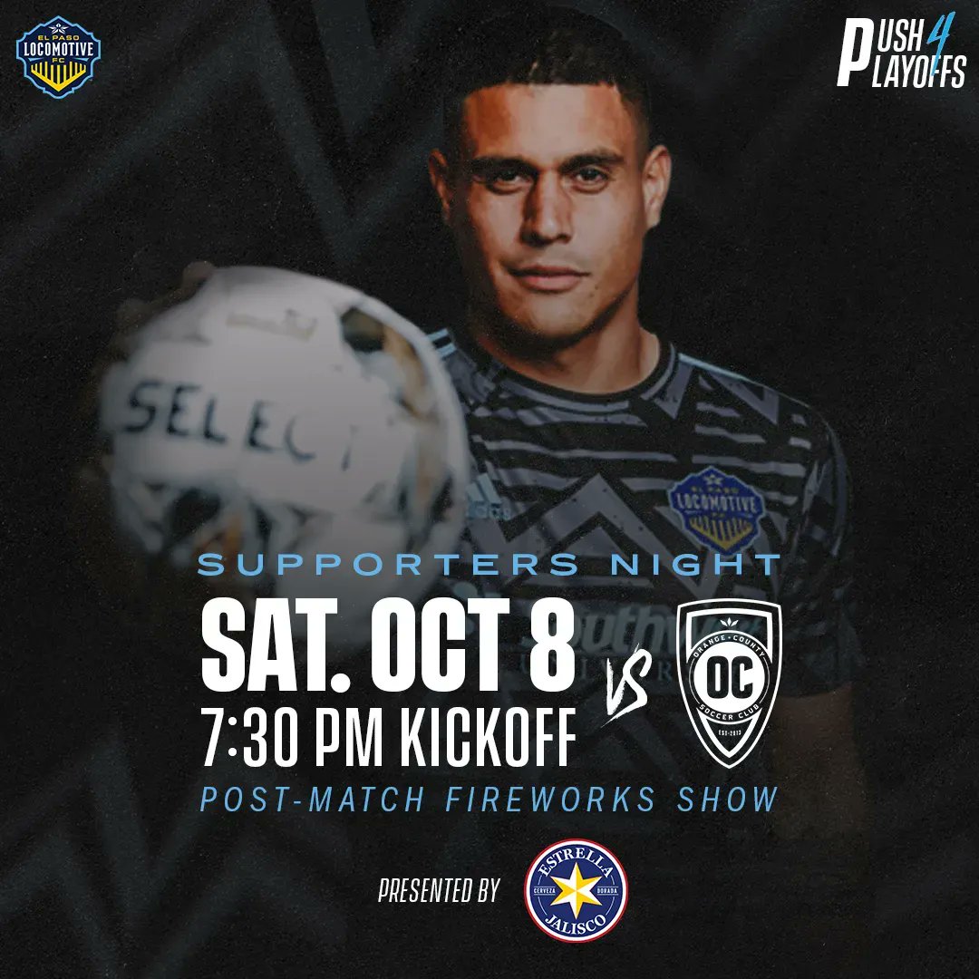 eplocomotivefc's tweet photo. There's more soccer to be played!

Our last home match of the season is THIS SATURDAY! Come support El Paso's team in the last #Push4Playoffs! Kickoff starts at 7:30pm. Find tickets at https://t.co/fHkGSw6pES 

#VamosLocos #VamosElPaso https://t.co/NePzRcB2Yc