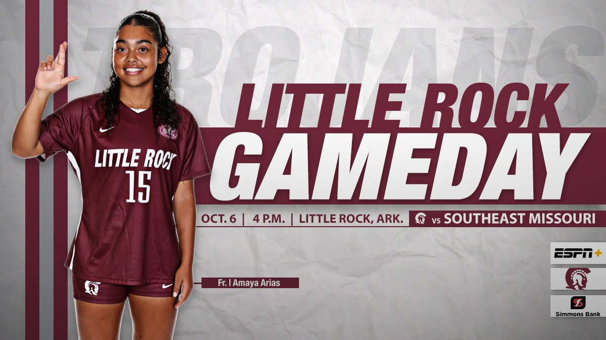 It's GAMEDAY for #LittleRocksTeam ⚔️ 

Join us at the Coleman Sports Complex this afternoon to watch the Trojans take on Southeast Missouri!

🆚  🔴 🐦   
🕑  4 P.M.
📍  Little Rock, Ark.
🏟️  Coleman Sports Complex
📺  ESPN+ | es.pn/3rwDa6q
📊  bit.ly/3V1KV1P