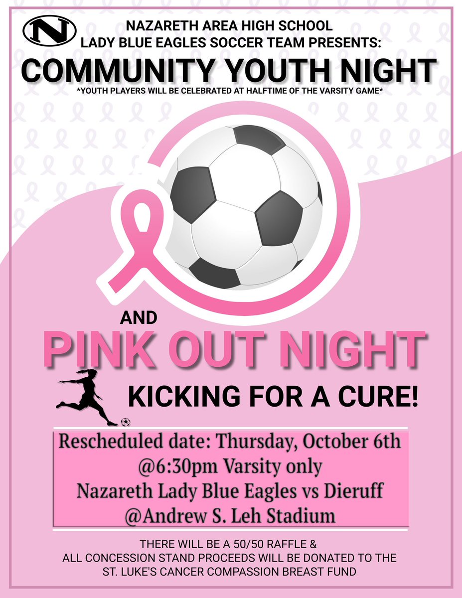 GAME DAY: Senior Night, Pink Out, &amp; Community Night! Lots of activities planned for tonight, so make plans to join us!! It’s Varsity only @ 6:30pm 💙🦅⚽️💕 @NazHSPrincipal <a href="/NAHSBlueEagles/">Nazareth Athletics</a>