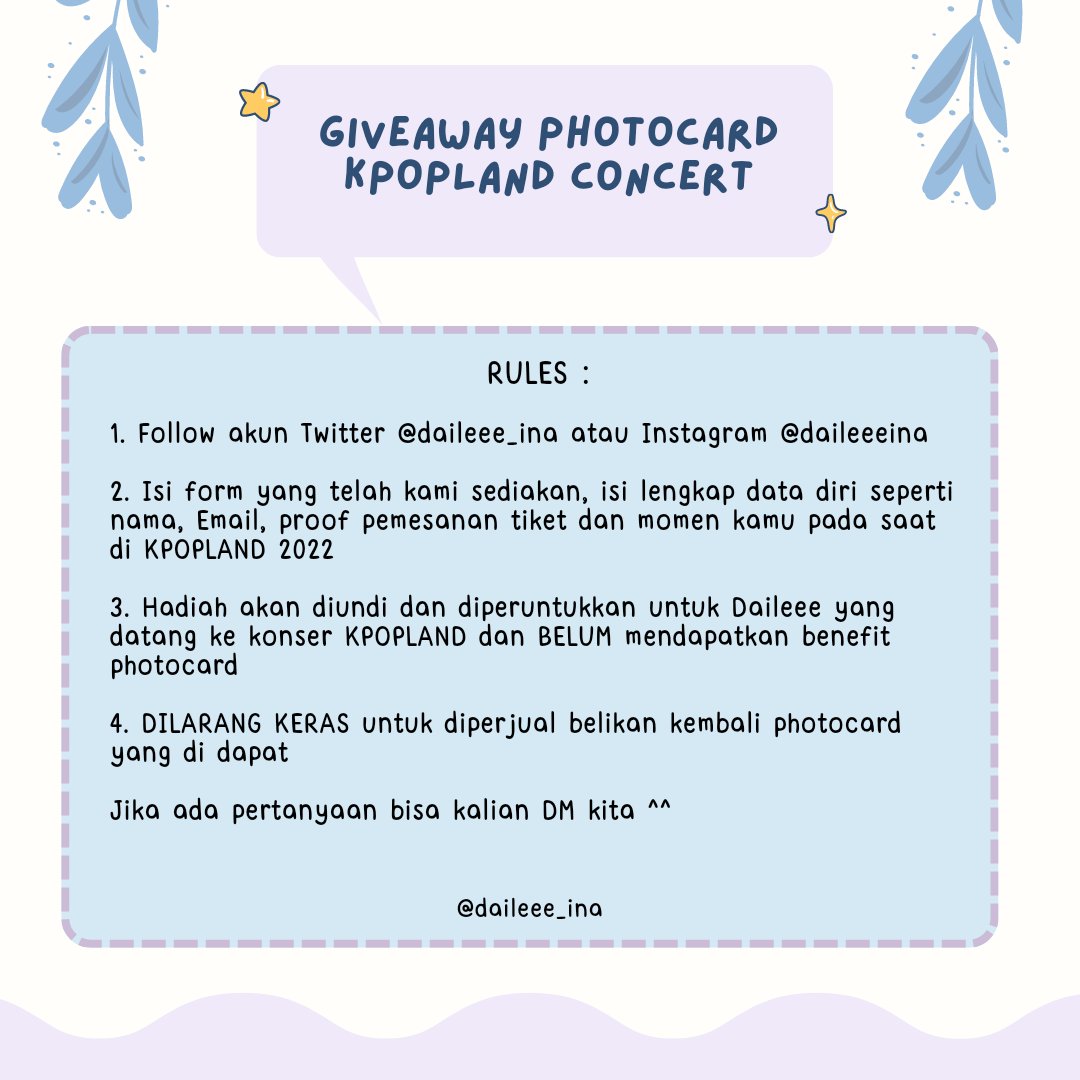 Daileee_INA's tweet photo. DAILEEEINA GIVEAWAY 🎁

✨ Prize :
1 Pcs Random Member Official Photocard Weeekly KPOP LAND 2022 
🗓️ Close : 
09 OKTOBER 2022 15:00 WIB

🔗 Link : https://t.co/mC3VRUcEXt

‼️DIMOHON UNTUK MEMBACA RULES DENGAN BAIK‼️ https://t.co/ScSG8D2Hk0