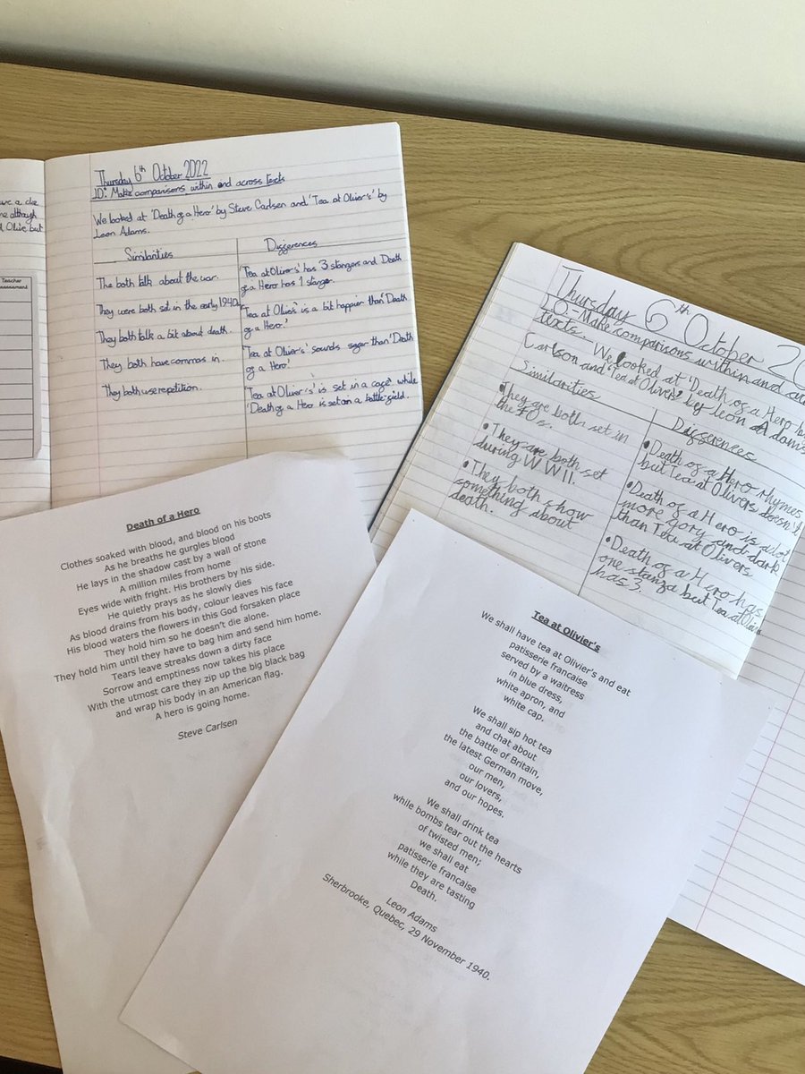 Some brilliant comparing and contrasting took place in 6M this morning as we looked at two poems from WWII #NationalPoetryDay #EnglishOLOL ⁦@ololprimary_HT⁩