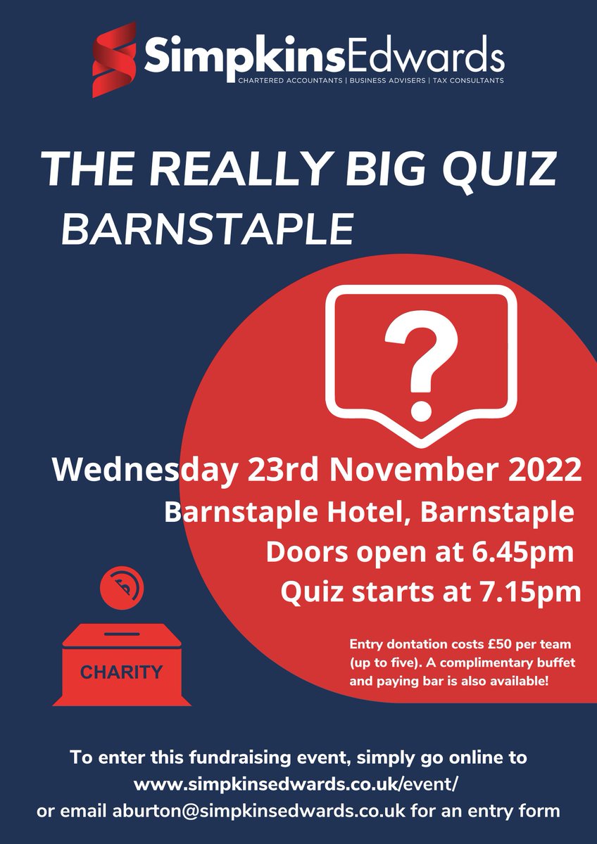 Simpkins Edwards LLP (@simpkinsedwards) on Twitter photo Are you Barnstaple's brainiest bunch? Find out at this year's Really Big Quiz, in aid of the Barnstaple Mayor's 2022 charities (<a href="/BarumTC/">Barnstaple Council</a>) Enter your team of 5 now at simpkinsedwards.co.uk/info/really-biβ¦
#quiznight #barnstaple #reallybigquizbarnstaple2022 #accountingindevon #simpkinsedwards Are you Barnstaple's brainiest bunch? Find out at this year's Really Big Quiz, in aid of the Barnstaple Mayor's 2022 charities (<a href="/BarumTC/">Barnstaple Council</a>) Enter your team of 5 now at simpkinsedwards.co.uk/info/really-biβ¦
#quiznight #barnstaple #reallybigquizbarnstaple2022 #accountingindevon #simpkinsedwards