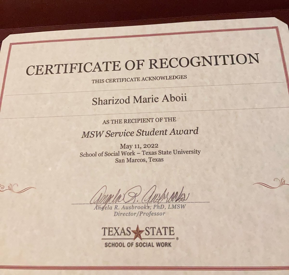 Congrats to Sharizod Aboii, a Hematology/Oncology patient service specialist, for achieving the Master of Social Work Service Award from @txst ! This award is given to students who go above and beyond to serve the community.