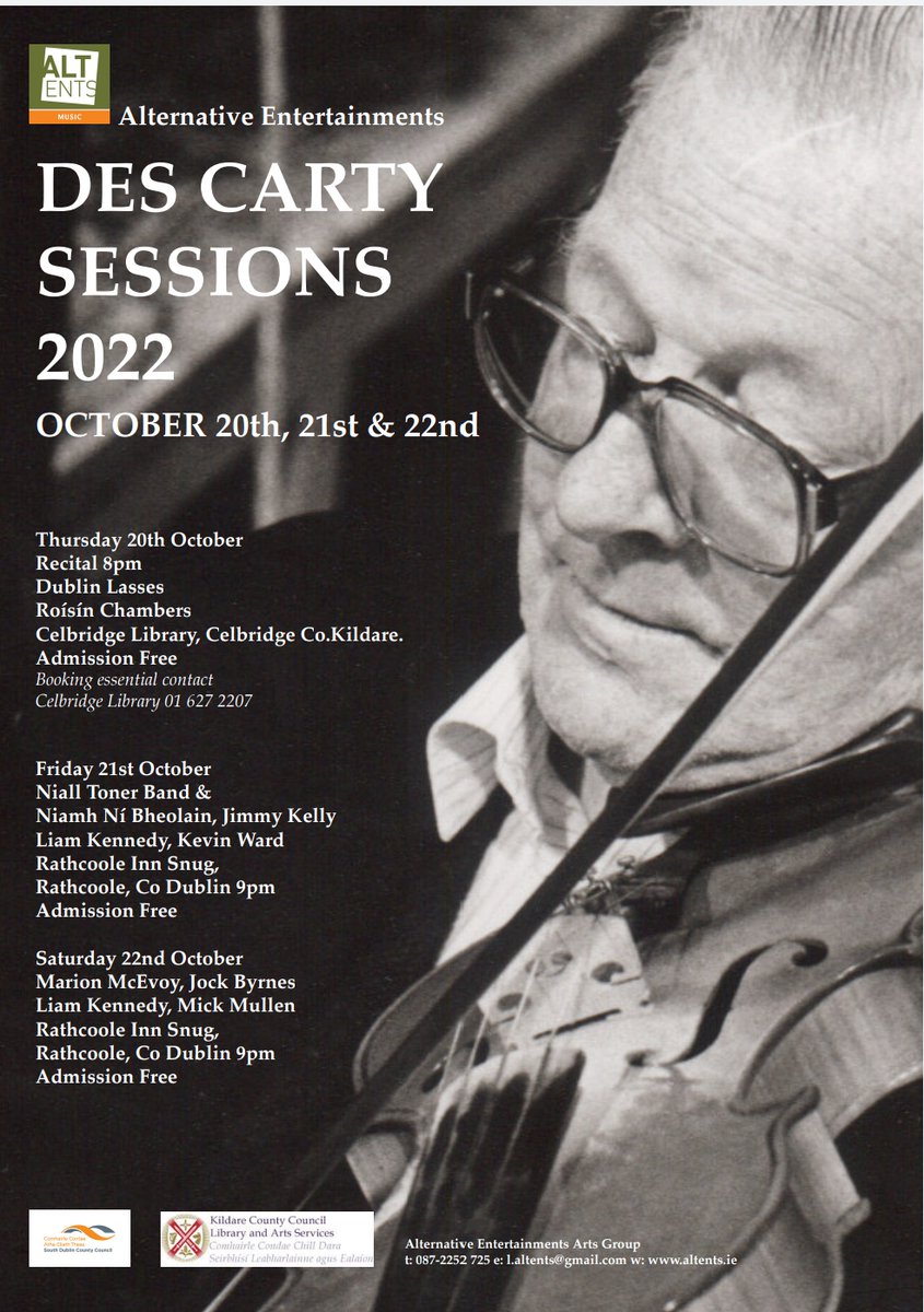 🎶 Des Carty Sessions 2022 🎶

October 20th-22nd in Celbridge Library Co. Kildare 🎻

Some amazing trad musicians will celebrate the life and music of Des Carty 🥰 and the best part is it's free admission 🎫

Come along ✨

<a href="/SDCCArts/">SDCC Arts Office</a>  <a href="/sdublincoco/">SDCC</a> @snunkle