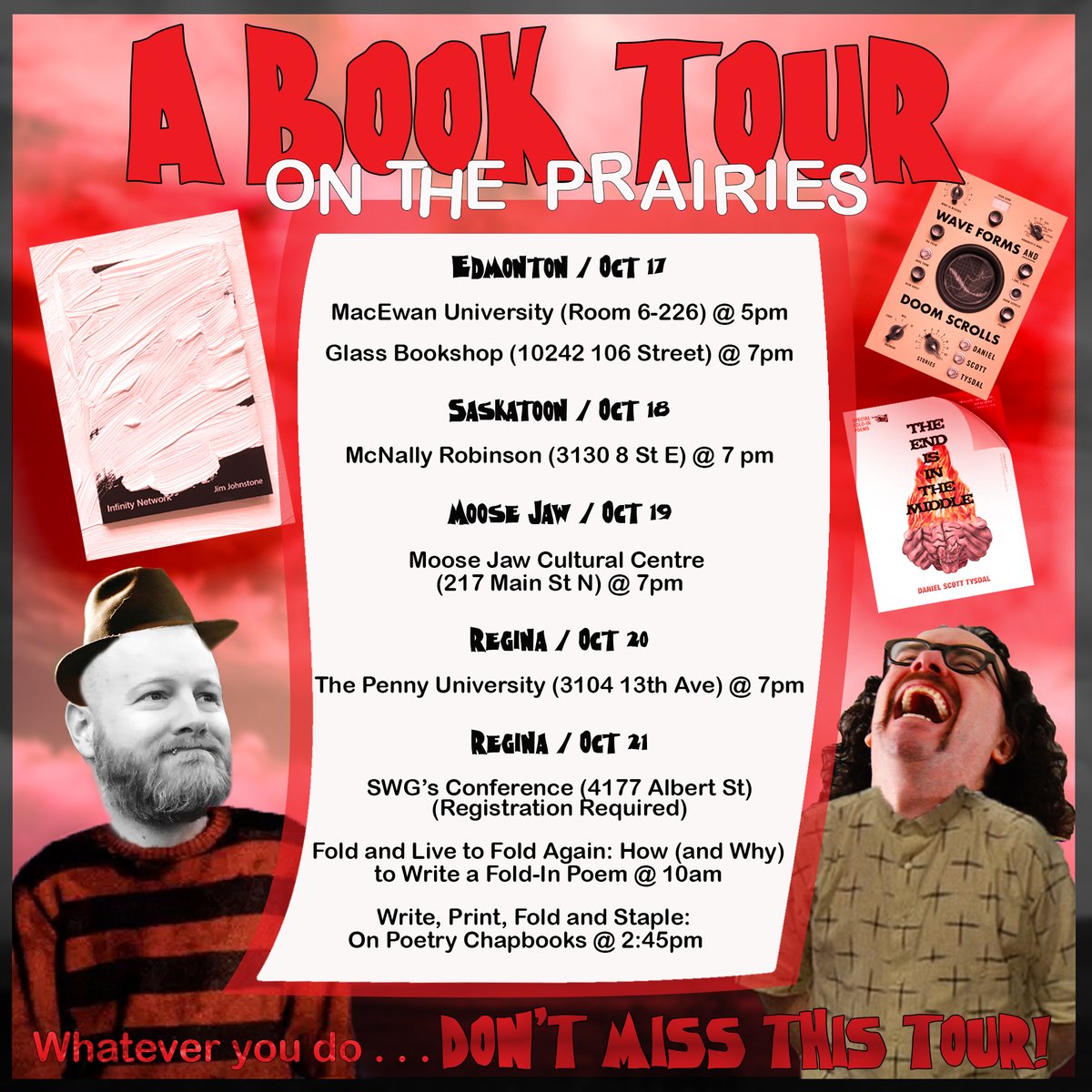 Friends in Edmonton, Saskatoon, Moose Jaw, and Regina, my dear bud Jim Johnstone &amp; I are hitting the road to tour our new books from <a href="/VehiculePress/">Vehicule Press</a> <a href="/goose_lane/">Goose Lane Editions</a> @wolsakandwynn! Come on out for #poetry, #fiction, &amp; #film fun, &amp; please help spread the word.💕