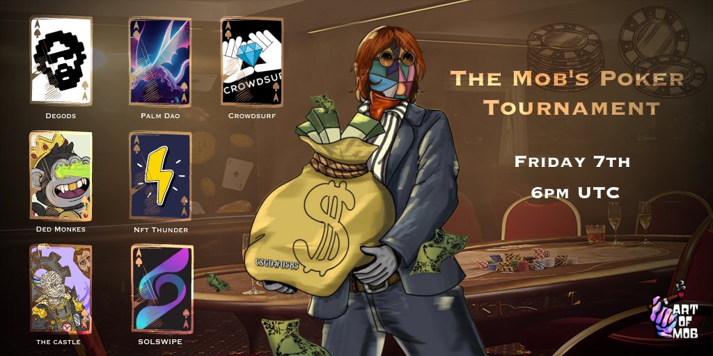 artofmob's tweet photo. 💥ART OF CARDS - POKER TOURNAMENT LINK DROPPED IN OUR DISCORD! (Holders Only Channel)

https://t.co/272pM6YOYl 

GUESTS:

@nft_thunder
@CrowdsurfNFT 
@solswipecard 
@DedMonkes
@PalmDAO_
@DeGodsCommunity  
@CastleTheKings 

RAISE FIERCELY 🥃 https://t.co/ScSpBYBPue