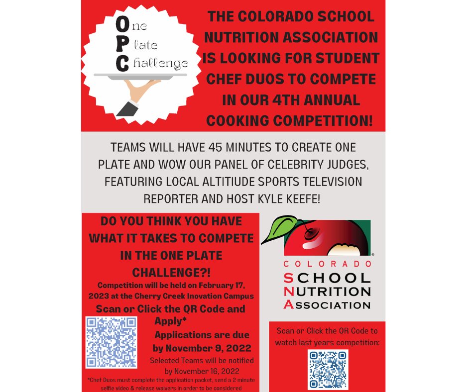 One Plate Challenge wants your help!! We are looking for STUDENT CHEFS to turn up the heat in the kitchen and show us their culinary creativity. Does your district have a few CHEFS?🧑‍🍳👨‍🍳Check out our past episodes youtube.com/channel/UCcfJ2… #CSNA #oneplatechallenge