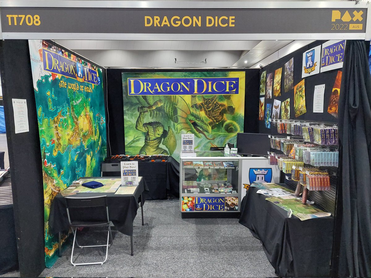 sfr_inc's tweet photo. All setup and ready to trade at @PAXAus in eight hours! #dragondice #rolltovictory #PAXAUS https://t.co/lPVE36C2wa