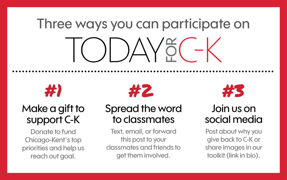 ChicagoKentAlum's tweet photo. Today is our 9th annual Today for C-K and we hope you'll participate! Here are 3 ways that you can help us celebrate Chicago-Kent today. #Today4CK

https://t.co/IKXpMOzcO2 https://t.co/SCMkmtVH0A
