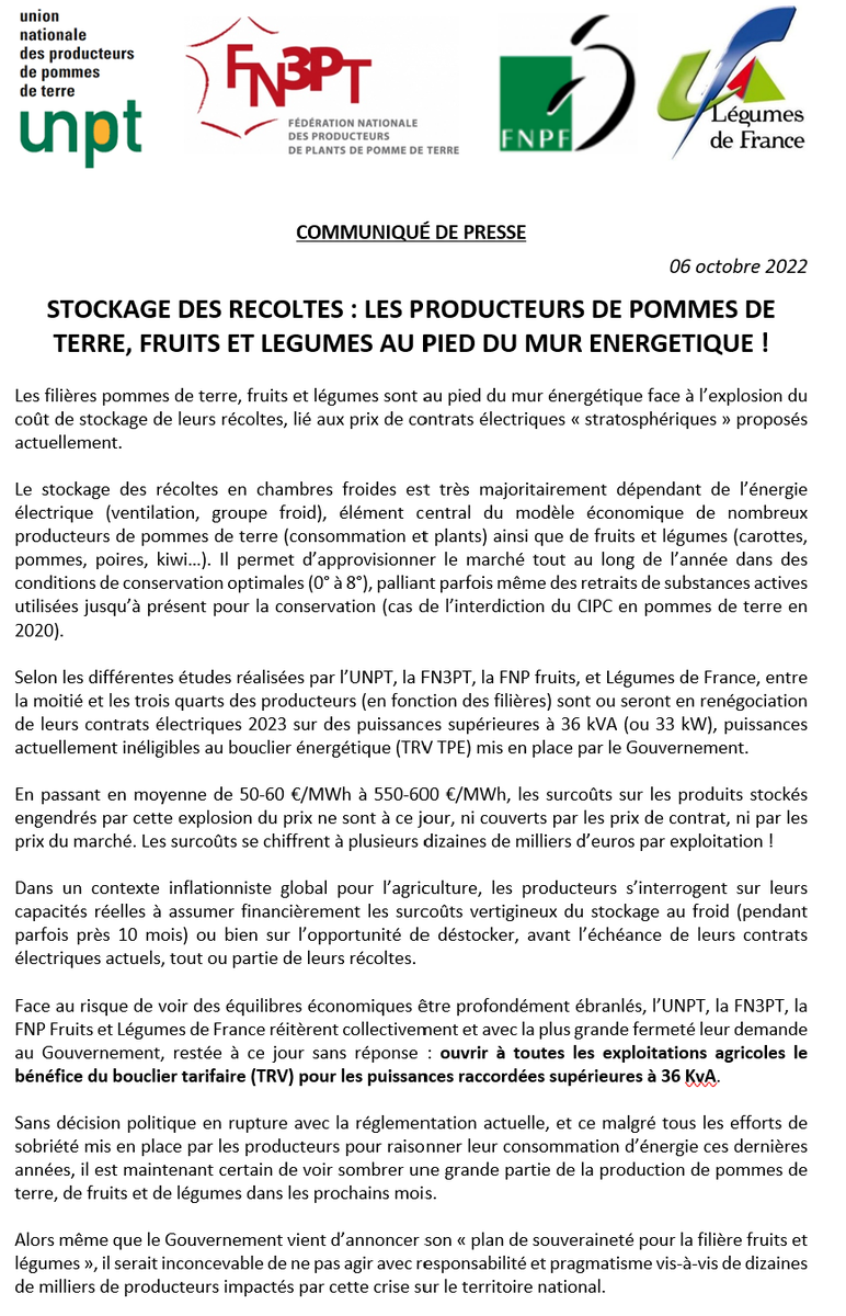 UNPT_FRANCE's tweet photo. Face à l'explosion des coûts de stockage des récoltes, @UNPT_FRANCE, @FNPFruits, @LegumesdeFrance &amp; @fnpppt demandent au Gouvernement de bénéficier en urgence du bouclier tarifaire sur l'électricité. La pérennité de nos filières pommes de terre, fruits et légumes en dépend ! https://t.co/PLtcmlicdL