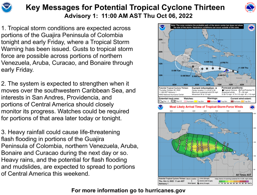 NHC_Atlantic's tweet photo. 11 am AST Thursday, Oct. 6 Key Messages for Potential Tropical Cyclone #Thirteen.

https://t.co/HCkUdMIX1E https://t.co/MQR8I5I10H