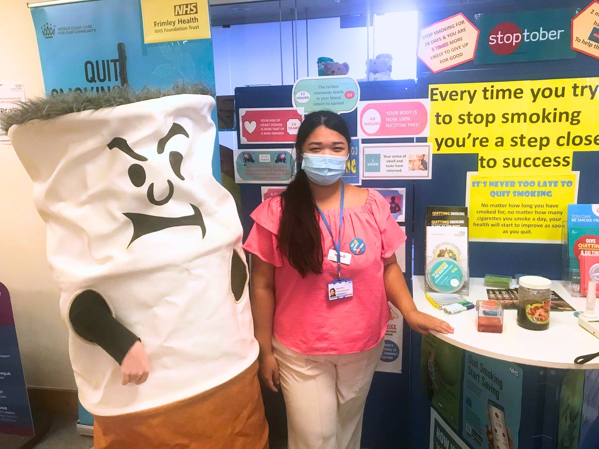 Great to see the Stoptober crew at Frimley Park today, with tons of info about stopping smoking. Thanks to Sumi and Clara from pharmacy for helping out, and Cig the mascot for saying hi. They will be at Wexham Park tomorrow, main entrance, 10-14:00, so make sure to stop by!