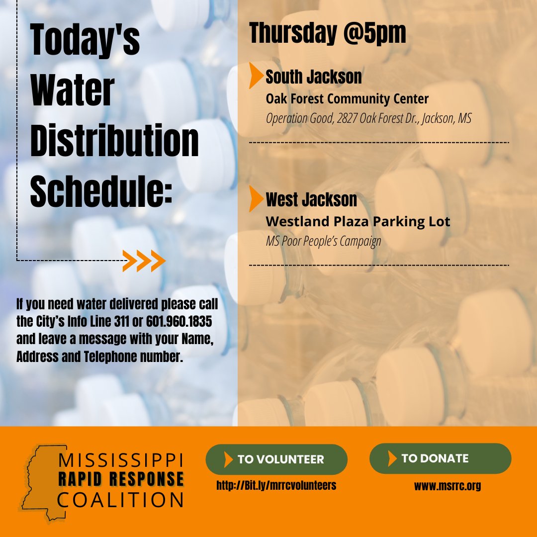 lumumbasvision's tweet photo. Here is today's MRRC water distribution schedule!

We will be distributing water at the Oak Forest Community Center and the Westland Plaza Parking Lot starting at 5 PM. https://t.co/HrshjwOWGM