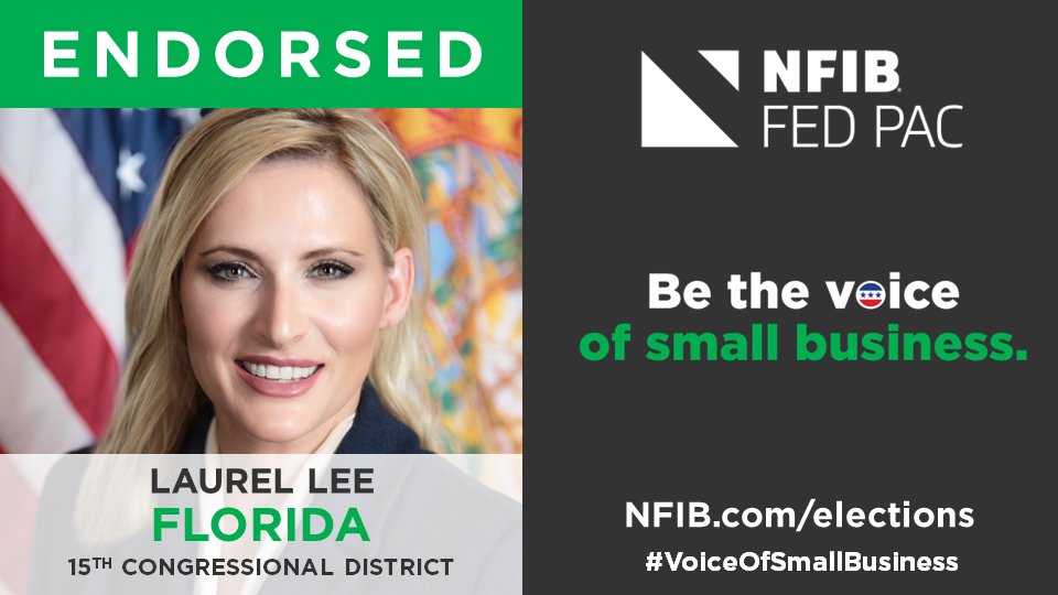 NFIB FedPAC is proud to endorse @Vote_Laurel for election to represent #FL15. 'She recognizes the issues facing #smallbiz owners and has committed to advocating for them in Congress,' said @nfib_fl State Director Bill Herrle. nfib.com/content/news/e… #VoiceOfSmallBusiness #Florida