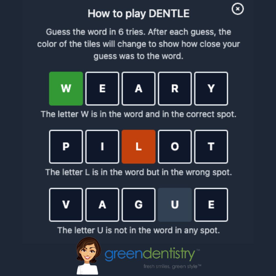 Dental Wordle is HERE, &amp; we are so excited! Click the link below to get to the game. Here's how it works:
🤔Guess the word in 6 tries. 
🟩After each guess, the color of the tiles will change to show how close your guess was to the word.
💕You got this! 
dentalwordle.z14.web.core.windows.net