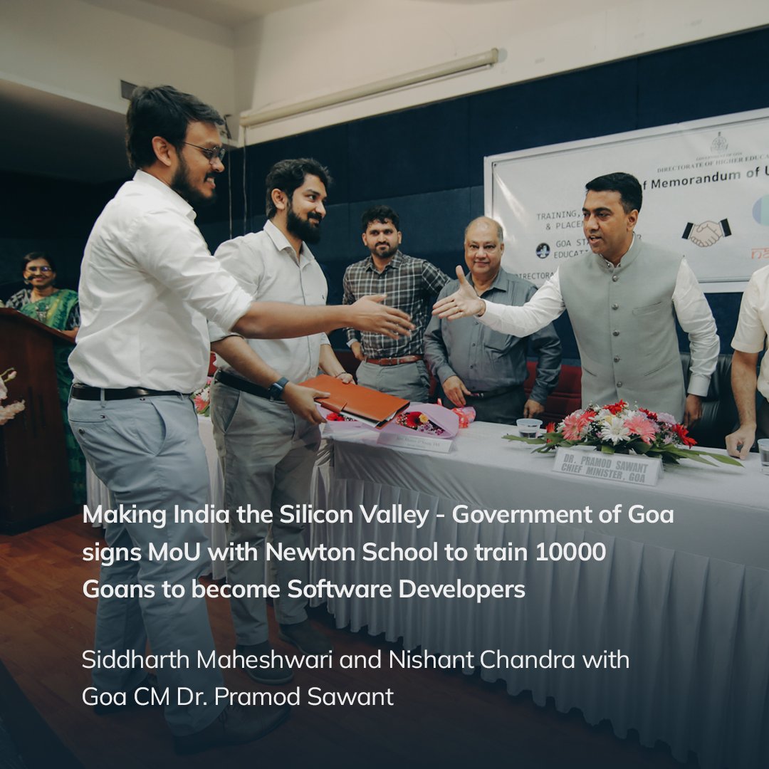 NewtonSchoolHQ's tweet photo. Super excited to work towards making India the Silicon Valley with this MoU with @GovtofGoa; @DrPramodPSawant. 

All set to train 10,000 Goan students to become Software Developers! @Siddharth @nishantXchandra

Read @ndtv's article here: https://t.co/lkZEOAZpdY https://t.co/Lv0vRJ5koK