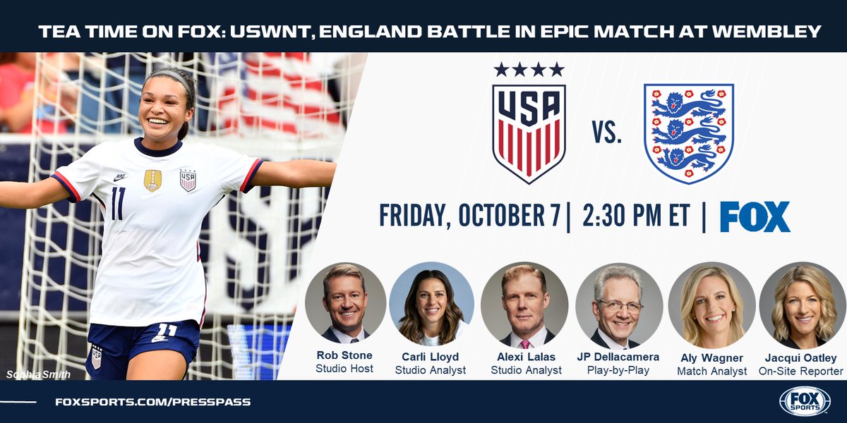 🇺🇸⚽️FRIDAY ON FOX⚽️🇺🇸 Tune in for live coverage starting at 2:30 PM ET as the @USWNT battle the @Lionesses in a massive rivalry match at sold-out @WembleyStadium! 📺: @RobStoneONFOX @CarliLloyd @AlexiLalas 🎙️: JP Dellacamera & @AlyWagner 📍: @JacquiOatley 📏: @DrJoeMachnik