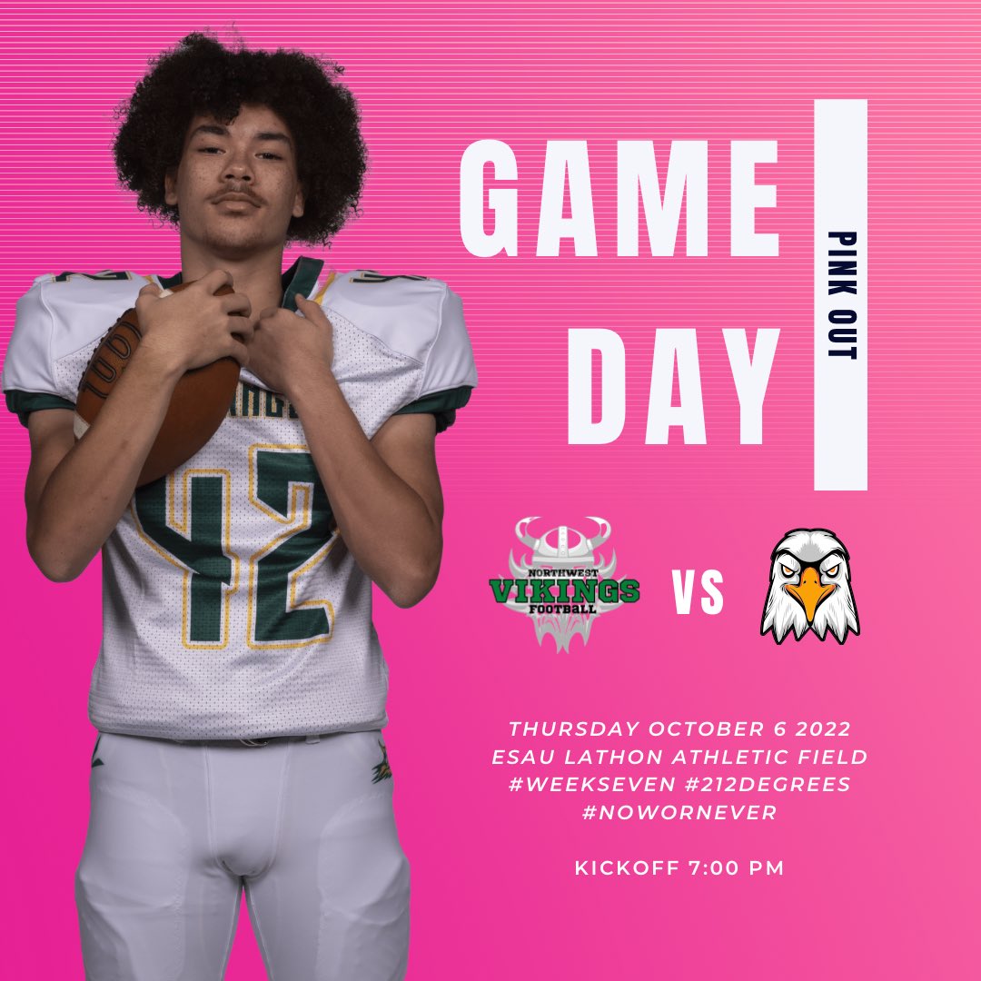 ‼️GAME DAY: PINK OUT‼️
🏈👀Week EIGHT🏈👀

Here’s information about tonight’s matchup:
🆚Nashville Christian Eagles
📍Esau Lathon Athletic Field
⏰7 PM
🎟bit.ly/3Maa4mT
🎥bit.ly/3T4qrUj
📸 LIVE UPDATES on Insta
#VikingSTRONG #NowOrNever #212Degrees #WeekEight