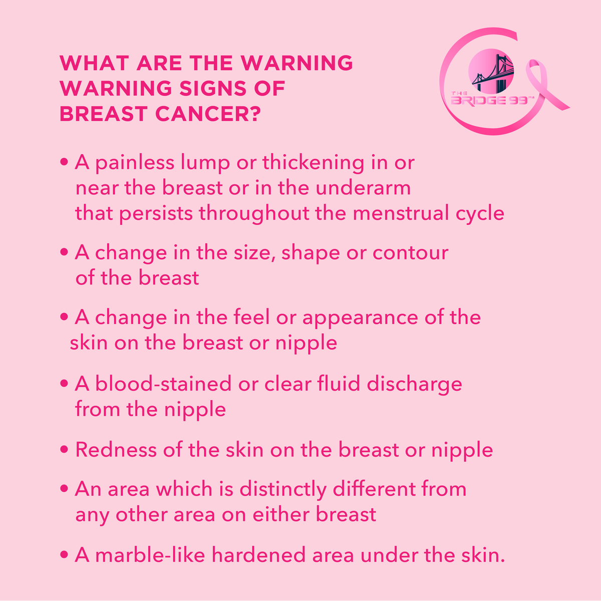 thebridge99fm's tweet photo. Early detection saves lives, here are a few breast cancer warning signs. Let us stand strong against Breast Cancer.

#thebridge99fm #foreignandyard #bridgenation #respectdue #culture #BreastCancerAwareness #radio #lifestyle #arts #Jamaica #Canada #NewYork #London #Caribbean https://t.co/B47CqCt3WO