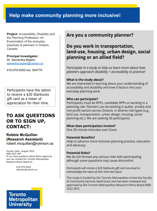 📣CALLING PLANNERS IN ONTARIO - Join our study on accessibility, disability &amp; the planning profession. We are seeking non-accessibility specialist planners in a variety of practice areas. Sign up for a 30m Zoom convo about accessibility in your work forms.gle/FW9Vb5wKnvP9uB… (1/5)