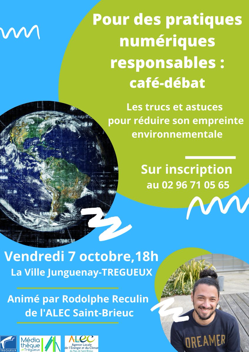 📅Ven. 7 octobre 18h, à la médiathèque de Trégueux 
☕️🗣️Café-débat sur le numérique
💻📱🌍Venez échanger vos astuces et en apprendre plus pour réduire l'empreinte environnementale de nos pratiques numériques
📝Inscriptions auprès de la médiathèque : 02 96 71 05 65