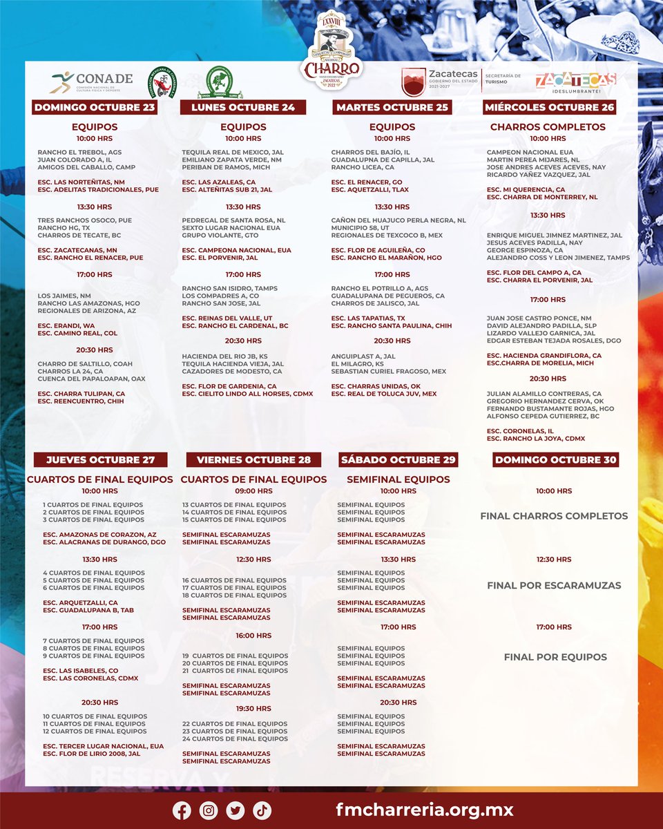 Actualización ⭕️ Programa general del LXXVIII Congreso y Campeonato Nacional Charro “Don Vicente Fernández Gómez”, Zacatecas 2022.

📆 Del 7 al 30 de octubre.
🕍 Monumental Lienzo Charro “Antonio Aguilar Barraza”, Zacatecas. 

Adquiere tus boletos en: masboletos.mx