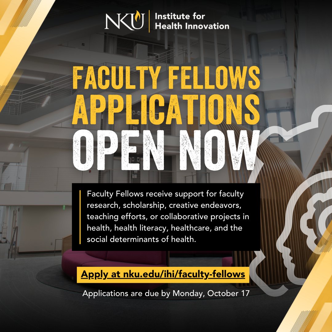The Institute for Health Innovation is committed to supporting faculty activities at NKU. As part of our initiatives to enhance faculty accomplishments, we are offering two funding opportunities through our Faculty Fellows program. 

Apply today!
nku.edu/ihi/faculty-fe…