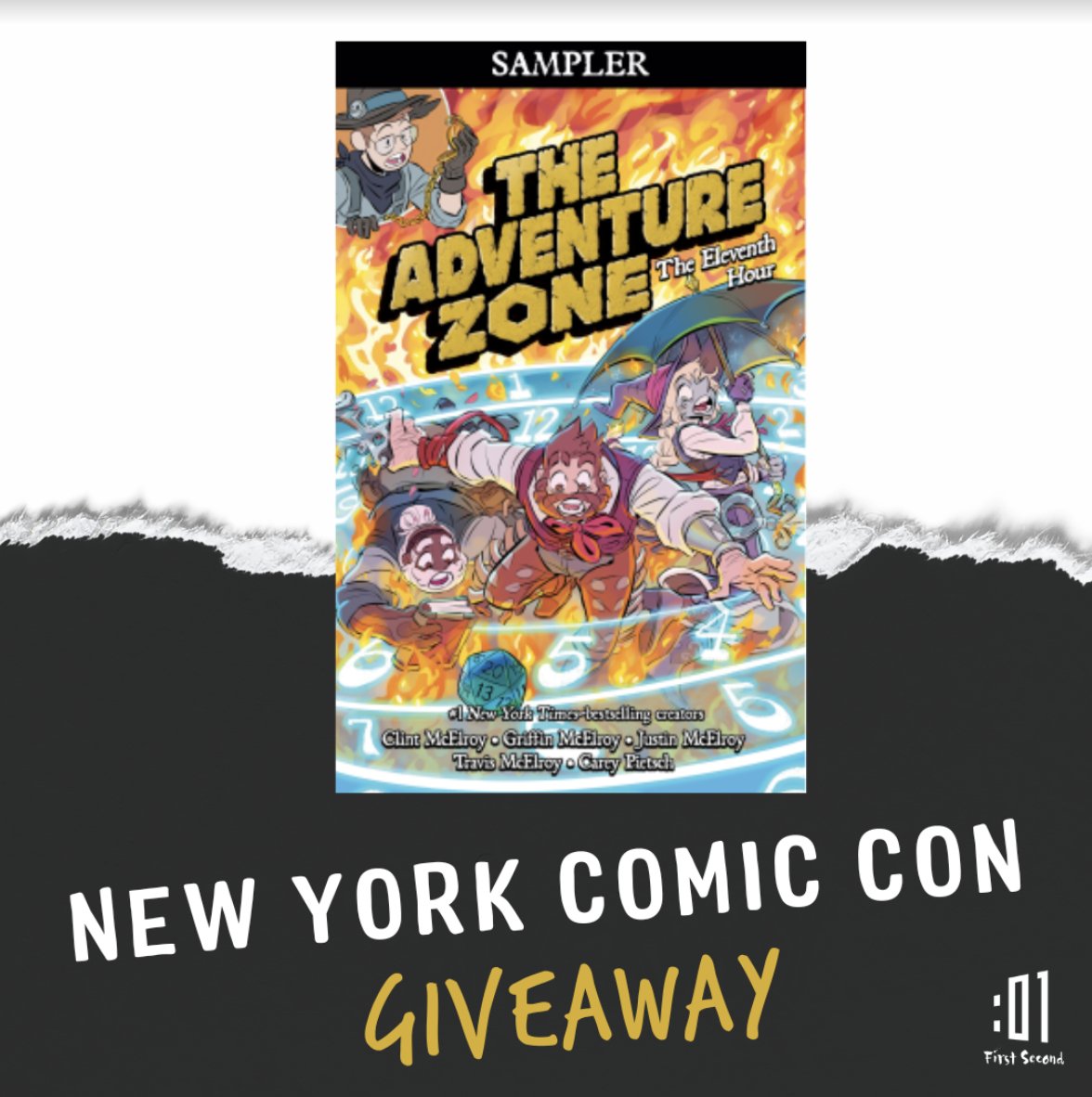 I'm so excited that @01FirstSecond has postcards at NYCC booth 3027 that will get you access to a BIG sampler set of pages from @TheZoneCast: The Eleventh Hour GN!! ⌛️🔥I hear they may also have some lenticular stickers...? ✨👀 #thezonecast #tazgn theadventurezonecomic.com