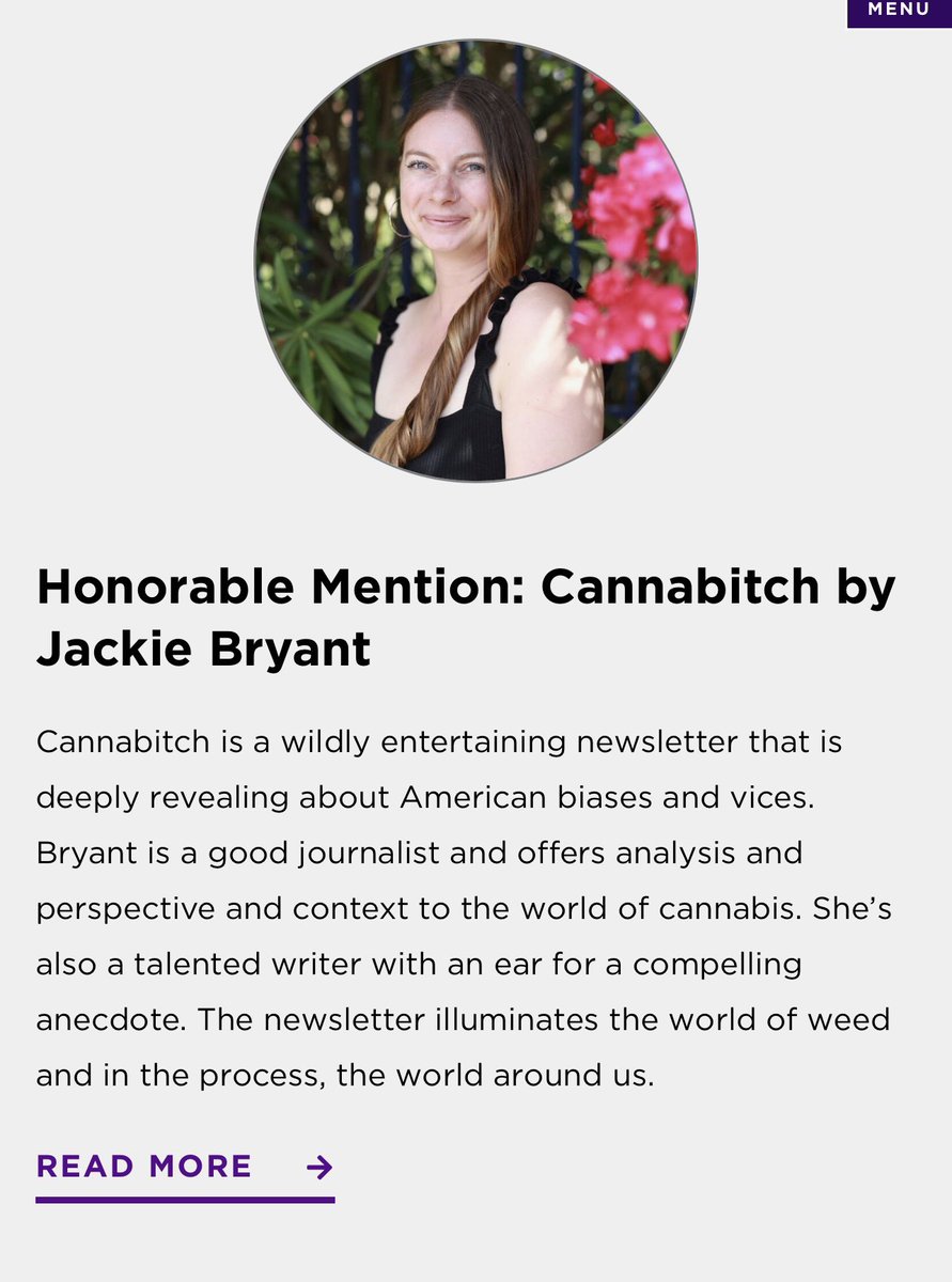 jacqbryant's tweet image. Cannabitch won honorable mention for best solo newsletter (there’s a winner and a runner-up) in the 2022 NYU American Journalism Online Awards! Judge @lyzl made me cry a little reading her commentary a few weeks ago, lol. #AJOawards journalism.nyu.edu/graduate/progr…