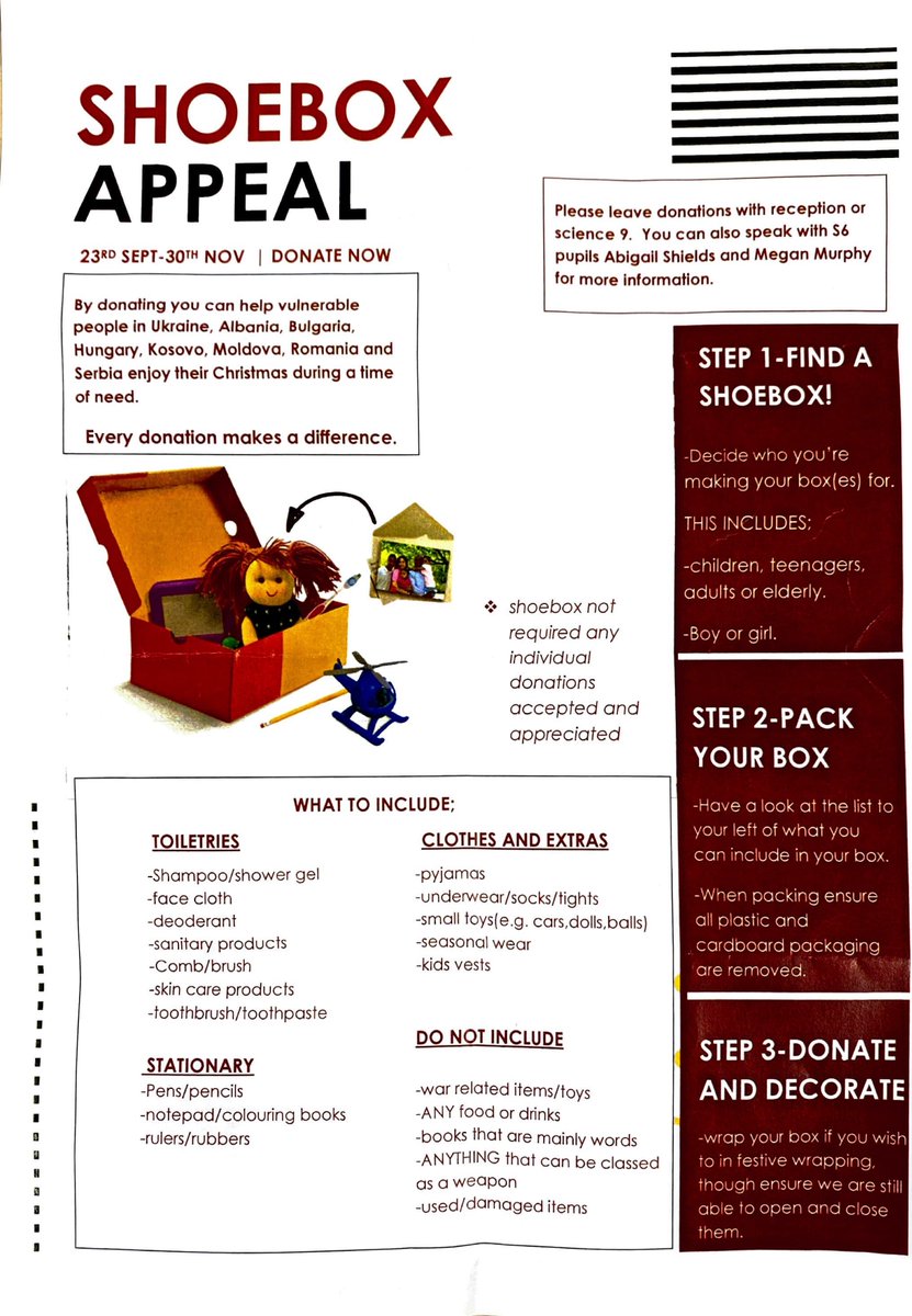 CValeParliament's tweet photo. We will be collecting for the Shoe Box Appeal from now until the 30th Nov. Donations will help vulnerable children all over the world to enjoy their Christmas during a time of need. Details can be found below.

Every donation makes a difference🌟 https://t.co/EuLFLHZp2Y