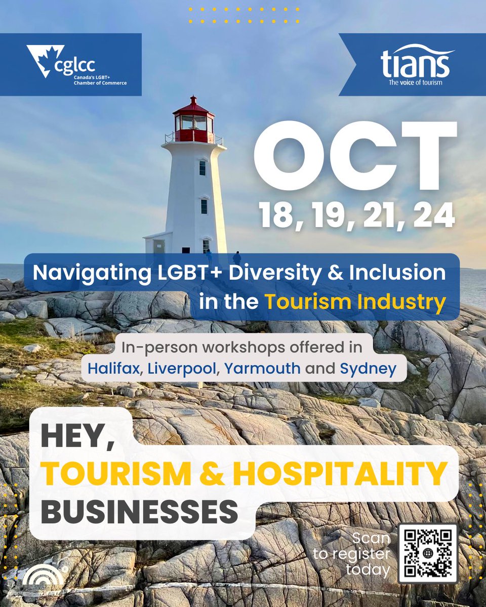 Rainbow Registered | Arc-en-ciel Officiel (@rainbowregister) on Twitter photo Hello, Nova Scotia #Tourism and #Hospitality businesses!
Register today for a free in-person workshop to expand your ability to reach the lucrative #LGBT+ travel market.
Sign up at forms.gle/y9U5iYwcW52Vyh…
<a href="/VoiceofTourism/">TIANS & NSTHRC</a> <a href="/hfxnovascotia/">Discover Halifax</a> <a href="/TourismNS/">Tourism Nova Scotia</a> #Halifaxns #novascotia Hello, Nova Scotia #Tourism and #Hospitality businesses!
Register today for a free in-person workshop to expand your ability to reach the lucrative #LGBT+ travel market.
Sign up at forms.gle/y9U5iYwcW52Vyh…
<a href="/VoiceofTourism/">TIANS & NSTHRC</a> <a href="/hfxnovascotia/">Discover Halifax</a> <a href="/TourismNS/">Tourism Nova Scotia</a> #Halifaxns #novascotia