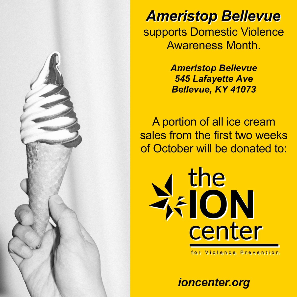 TheIonCenter's tweet photo. In honor of Domestic Violence Awareness Month, Ameristop Bellevue is donating a portion of all ice cream sales from the first two weeks of October. Stop over and support The Ion Center grab some of the area's best soft serve! #dvam #domesticviolenceawarenessmonth https://t.co/ZXoZmcKXYw