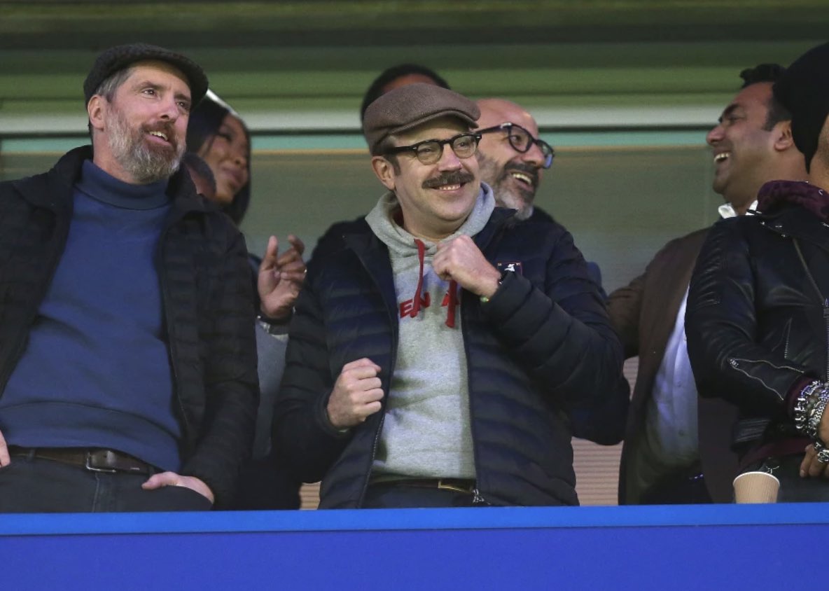 EmenaIo's tweet photo. Ted Lasso &amp; Coach Beard watching Chelsea smash AC Milan. https://t.co/tQ7AKvwwHs