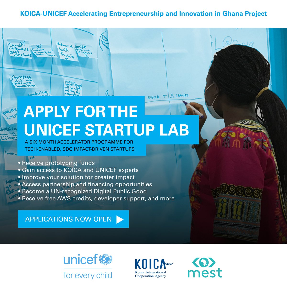 🗣️Attention #Ghana startups🇬🇭 Want to seize the benefits of #OpenSource and #DPGs? Interested in prototype funding? Applications are open for @UNICEFStartups new accelerator program! Apply by Oct 21 to work w/ @UNICEFGhana,@MESTAfrica & KOICA experts ➡️unicefstartuplab.org