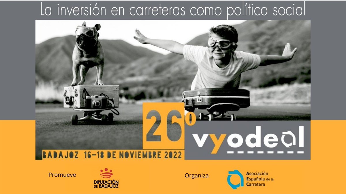 🟠Cuando se cumplen 50 años de su primera edición, el 26º Vyodeal se celebra en #Badajoz los próximos 16 al 18 de noviembre con el lema "La inversión en carreteras como política social", organizado por <a href="/aecarretera/">@aecarretera</a> y promovido por <a href="/DipdeBadajoz/">Diputación de Badajoz</a> #26VYODEAL
26vyodeal.aecarretera.com/#