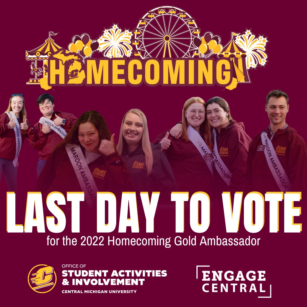 CMUActivities's tweet image. Today is the last day to vote for the 2022 Homecoming Gold Ambassador! You can vote on Engage Central (engage.apps.cmich.edu/submitter/elec…) or using the link in our bio until 5:00pm.