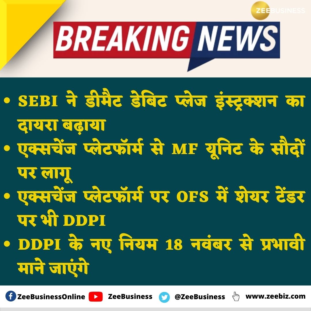ZeeBusiness's tweet photo. #BreakingNews | #SEBI ने डीमैट डेबिट प्लेज इंस्ट्रक्शन का दायरा बढ़ाया
#ExchangePlatforms से MF यूनिट के सौदों पर लागू
एक्सचेंज प्लेटफॉर्म पर OFS में शेयर टेंडर पर भी DDPI
#DDPI के नए नियम 18 नवंबर से प्रभावी माने जाएंगे https://t.co/8n5JhYch3i