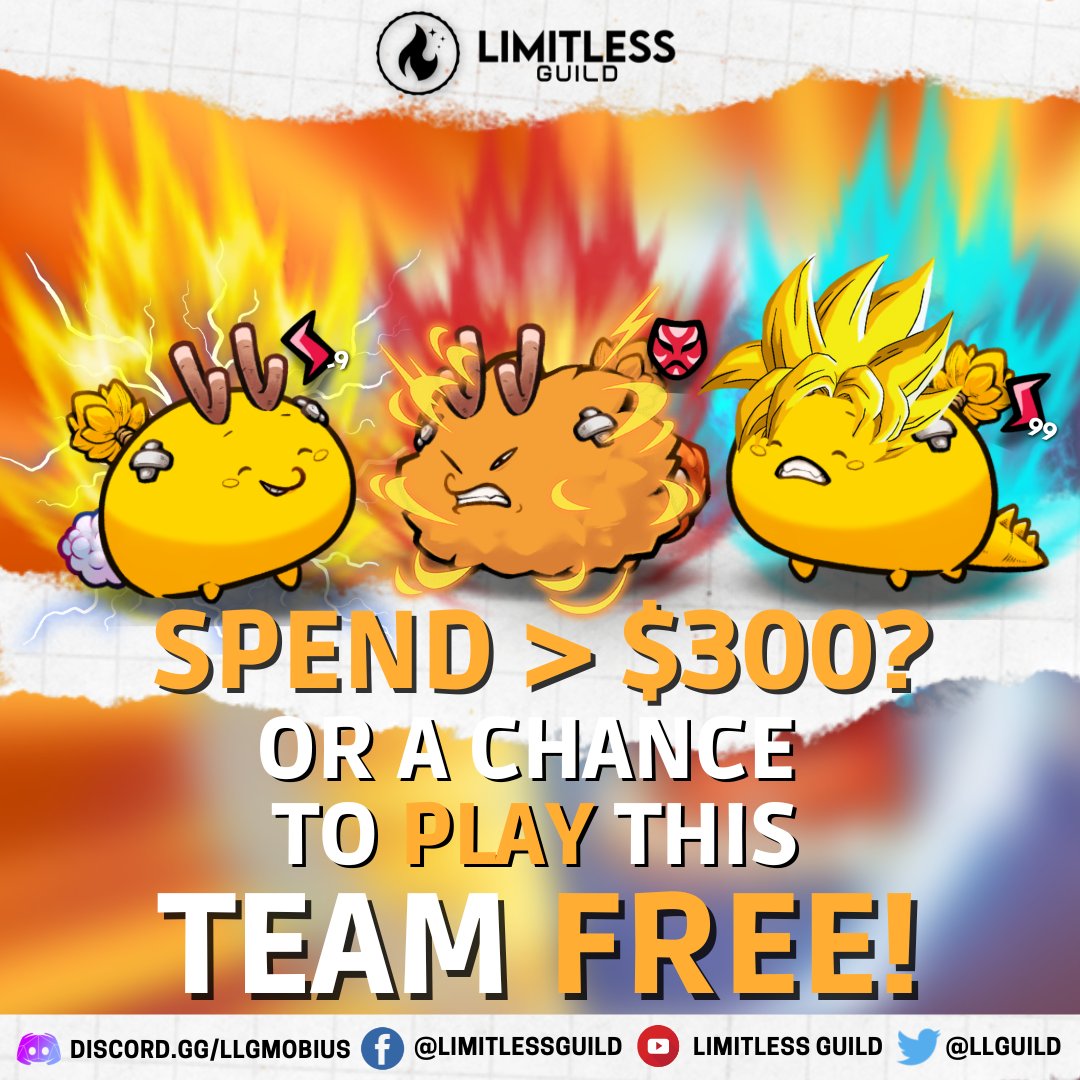 This Rage Team is FURIOUS to climb the leaderboard! 🔥
Get a chance to play this team for FREE!
Join our Discord to find out! discord.gg/llgmobius

#AxieInfinity #AxieOrigin #AxieScholarship #LLG #LLGMobius #LimitLessGuild #StayLimitLess