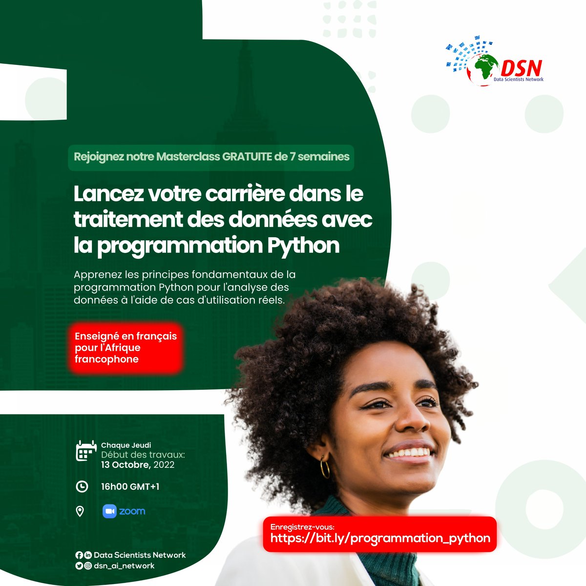 dsn_ai_network's tweet photo. Inscrivez-vous dès maintenant pour participer à notre masterclass GRATUITE de programmation Python pour la science des données.

Utilisez des cas d'utilisation réels pour apprendre à utiliser Pandas, NumPy, SeaBorn.

La classe sera enseignée en FRANÇAIS.

https://t.co/s1dgmXp9Nu https://t.co/QnGwtYntyZ