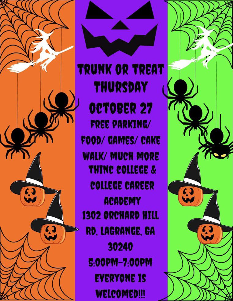 Come on out to THINC Academy and bring your kids and families for a (student-led) night of Trunk-or-Treat, games, cakewalks, food, fun times, and much more! 

If your interested in having a trunk at the event, please feel free to email us at thincdeca@gmail.com