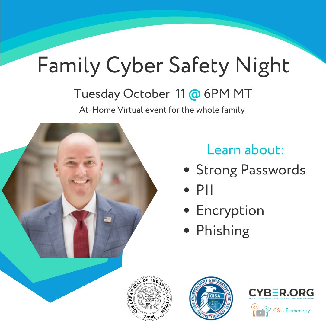 CYBER.ORG (@cyber_dot_org) on Twitter photo Join us Tuesday evening to learn how to keep your family cyber safe! There will be a special message from <a href="/GovCox/">Governor Cox</a> of Utah State about the importance of cybersecurity at home.
#CybersecurityAwarenessMonth #BeCyberSafe
Sign up here: csiselementary.org/s/cyber-family… Join us Tuesday evening to learn how to keep your family cyber safe! There will be a special message from <a href="/GovCox/">Governor Cox</a> of Utah State about the importance of cybersecurity at home.
#CybersecurityAwarenessMonth #BeCyberSafe
Sign up here: csiselementary.org/s/cyber-family…
