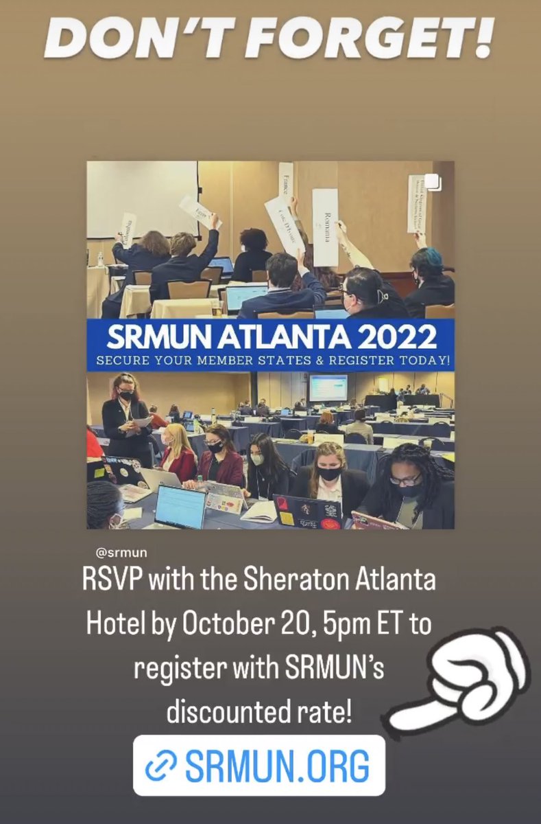 DEADLINE: SRMUN Atlanta 2022’s discounted hotel rate at the Sheraton Atlanta Hotel ends on October 20 at 5pm ET. Don’t miss out! More: srmun.org/atlanta/hotel_…