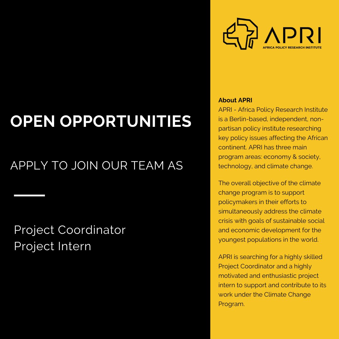 APRI_Africa's tweet image. #HIRINGNOW!

APRI is searching for a #projectcoordinator: afripoli.notion.site/afripoli/APRI-… and a #projectintern: afripoli.notion.site/afripoli/APRI-… to support and contribute to its #work under the #ClimateChange Program.
Use the links to see #job details and how to #apply.